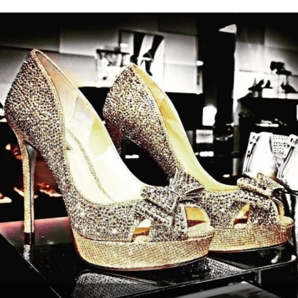 Sparkly peep toe high heels with bows